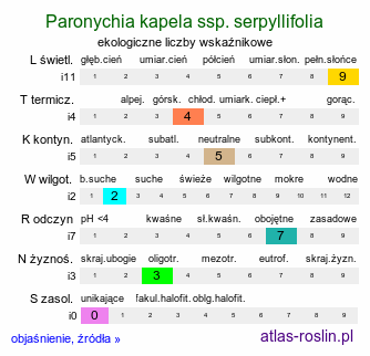 ekologiczne liczby wskaźnikowe Paronychia kapela ssp. serpyllifolia (paronychia macierzankolistna)