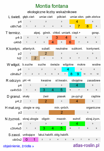 ekologiczne liczby wskaźnikowe Montia fontana (zdrojek błyszczący)