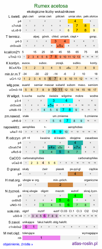 ekologiczne liczby wskaźnikowe Rumex acetosa (szczaw zwyczajny)