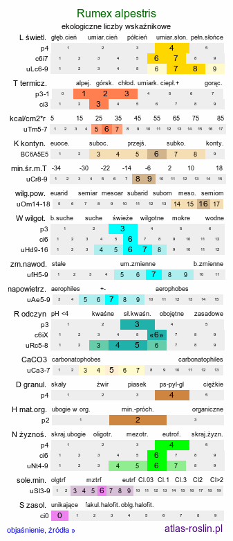 ekologiczne liczby wskaźnikowe Rumex alpestris (szczaw górski)