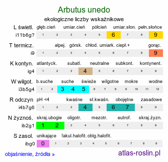 ekologiczne liczby wskaźnikowe Arbutus unedo (chruścina jagodna)