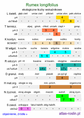 ekologiczne liczby wskaźnikowe Rumex longifolius (szczaw domowy)