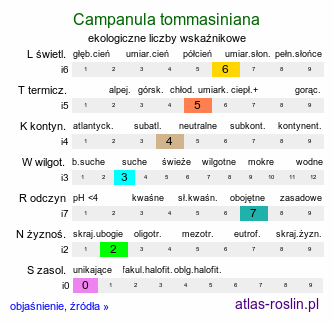 ekologiczne liczby wskaźnikowe Campanula tommasiniana (dzwonek Tommasiniego)