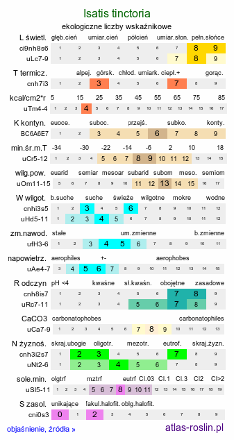 ekologiczne liczby wskaźnikowe Isatis tinctoria (urzet barwierski)