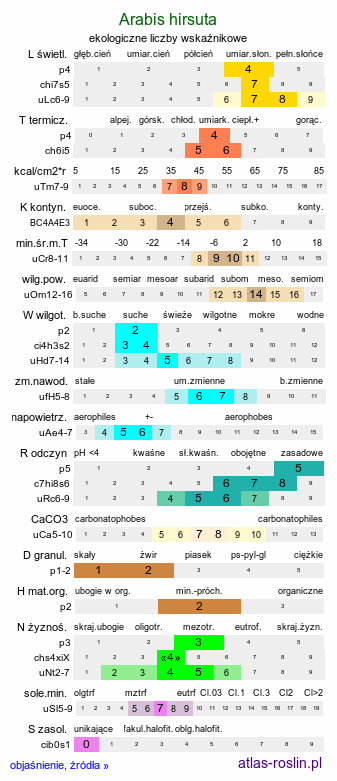 ekologiczne liczby wskaźnikowe Arabis hirsuta (gęsiówka szorstkowłosista)