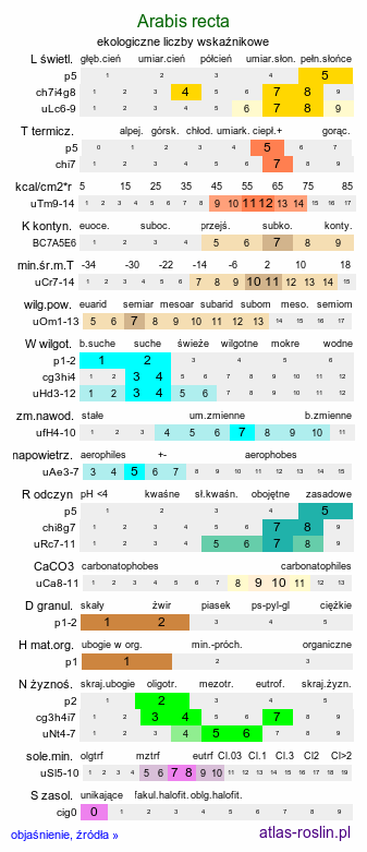 ekologiczne liczby wskaźnikowe Arabis recta (gęsiówka uszkowata)