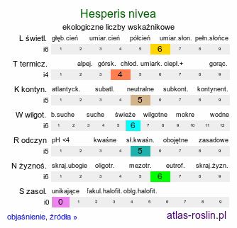 ekologiczne liczby wskaźnikowe Hesperis nivea (wieczornik śnieżny)