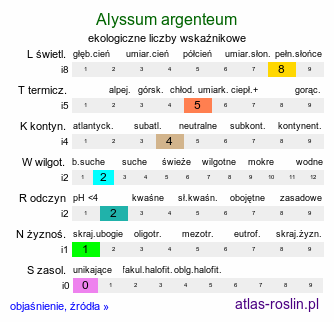 ekologiczne liczby wskaźnikowe Alyssum argenteum (smagliczka srebrzysta)