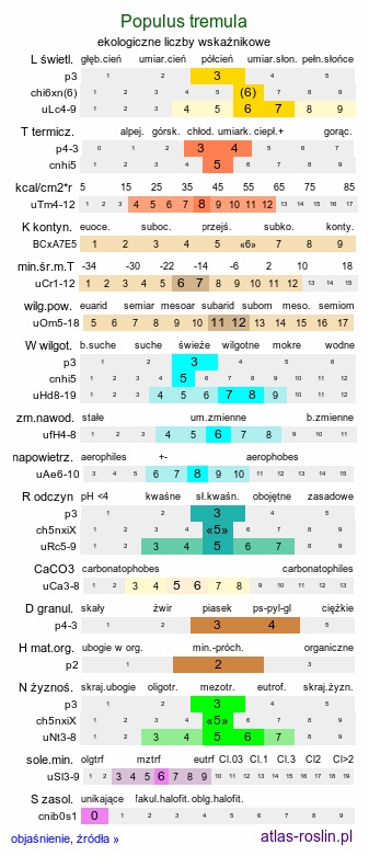 ekologiczne liczby wskaźnikowe Populus tremula (topola osika)