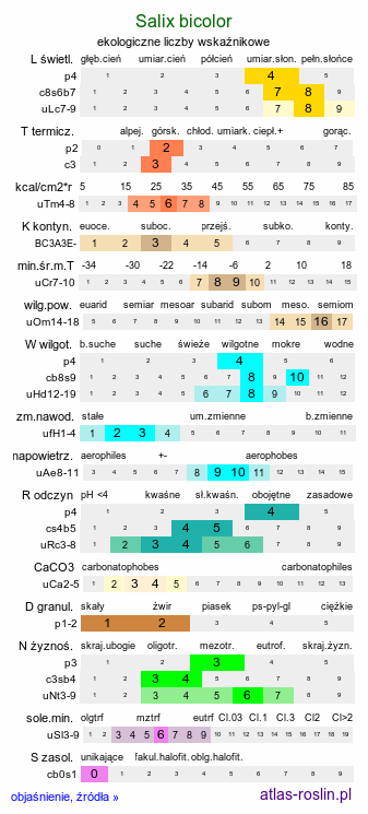 ekologiczne liczby wskaźnikowe Salix bicolor (wierzba dwubarwna)