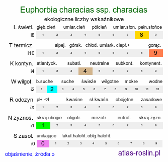 ekologiczne liczby wskaźnikowe Euphorbia characias ssp. characias (wilczomlecz błękitnawy)