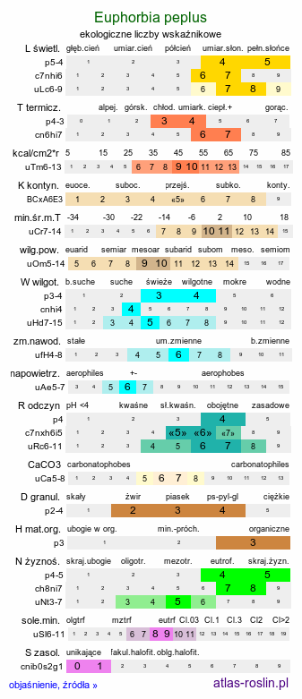 ekologiczne liczby wskaźnikowe Euphorbia peplus (wilczomlecz ogrodowy)