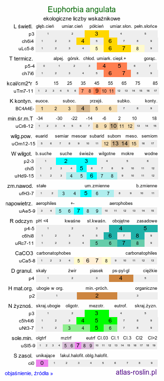 ekologiczne liczby wskaźnikowe Euphorbia angulata (wilczomlecz kątowy)