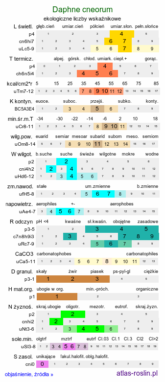 ekologiczne liczby wskaźnikowe Daphne cneorum (wawrzynek główkowy)