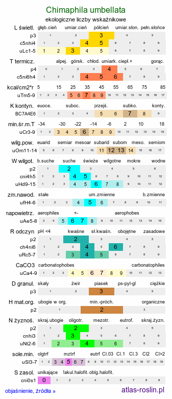 ekologiczne liczby wskaźnikowe Chimaphila umbellata (pomocnik baldaszkowy)