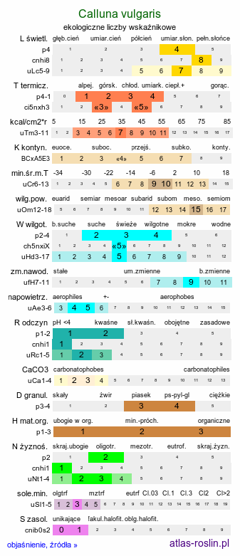 ekologiczne liczby wskaźnikowe Calluna vulgaris (wrzos pospolity)