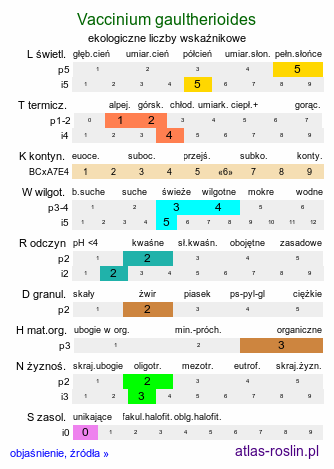 ekologiczne liczby wskaźnikowe Vaccinium gaultherioides (borówka halna)
