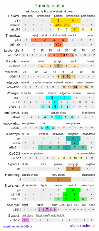 ekologiczne liczby wskaźnikowe Primula elatior (pierwiosnek wyniosły)