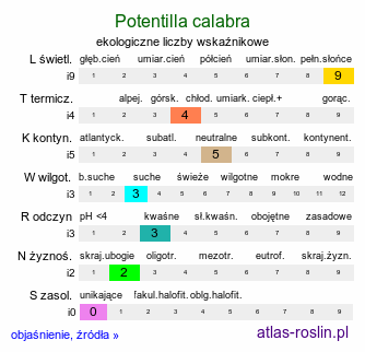 ekologiczne liczby wskaźnikowe Potentilla calabra