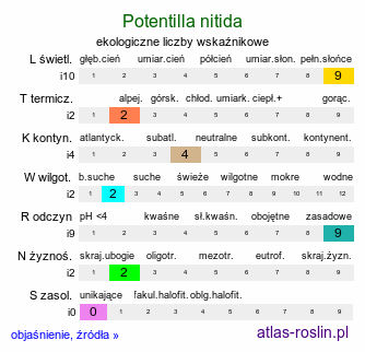 ekologiczne liczby wskaźnikowe Potentilla nitida (pięciornik lśniący)