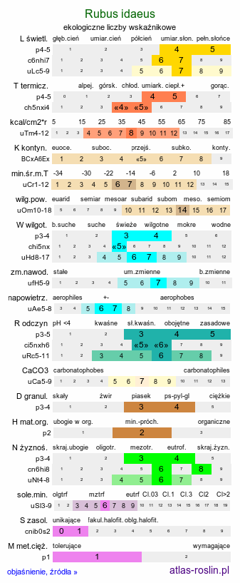 ekologiczne liczby wskaźnikowe Rubus idaeus (malina właściwa)