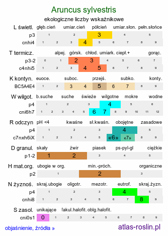 ekologiczne liczby wskaźnikowe Aruncus sylvestris (parzydło leśne)