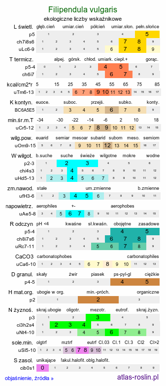 ekologiczne liczby wskaźnikowe Filipendula vulgaris (wiązówka bulwkowa)