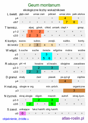 ekologiczne liczby wskaźnikowe Geum montanum (kuklik górski)