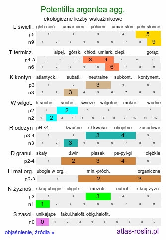 ekologiczne liczby wskaźnikowe Potentilla argentea agg. (pięciornik srebrny agg.)