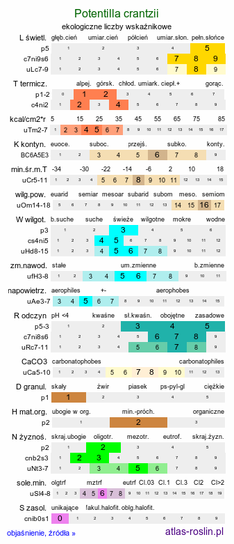 ekologiczne liczby wskaźnikowe Potentilla crantzii (pięciornik alpejski)
