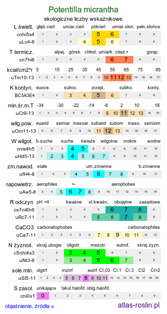 ekologiczne liczby wskaźnikowe Potentilla micrantha (pięciornik drobnokwiatowy)