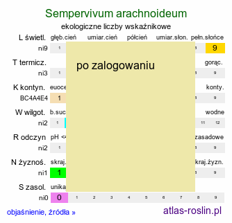 ekologiczne liczby wskaÅºnikowe Sempervivum arachnoideum (rojnik pajÄ™czynowaty)