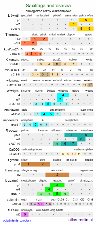 ekologiczne liczby wskaźnikowe Saxifraga androsacea (skalnica naradkowata)