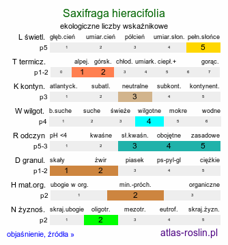 ekologiczne liczby wskaźnikowe Saxifraga hieracifolia (skalnica jastrzębcowata)