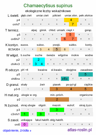 ekologiczne liczby wskaźnikowe Chamaecytisus supinus (szczodrzeniec główkowaty)