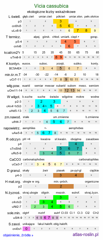 ekologiczne liczby wskaźnikowe Vicia cassubica (wyka kaszubska)