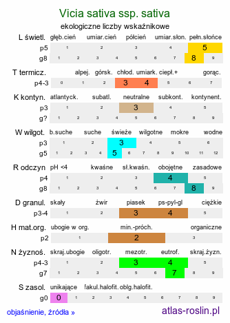 ekologiczne liczby wskaźnikowe Vicia sativa ssp. sativa (wyka siewna typowa)
