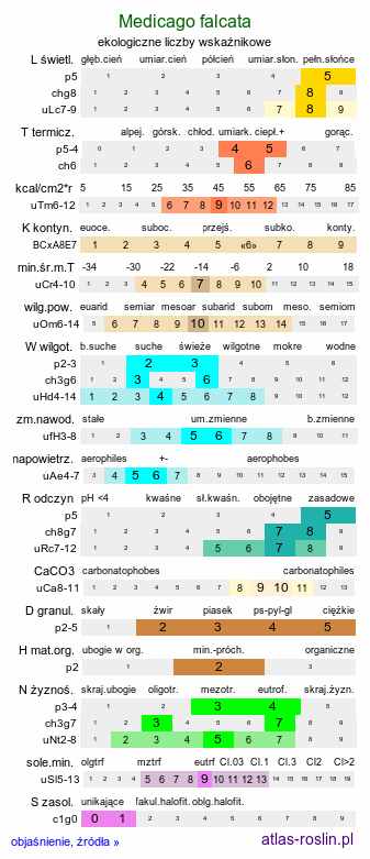 ekologiczne liczby wskaźnikowe Medicago falcata (lucerna sierpowata)