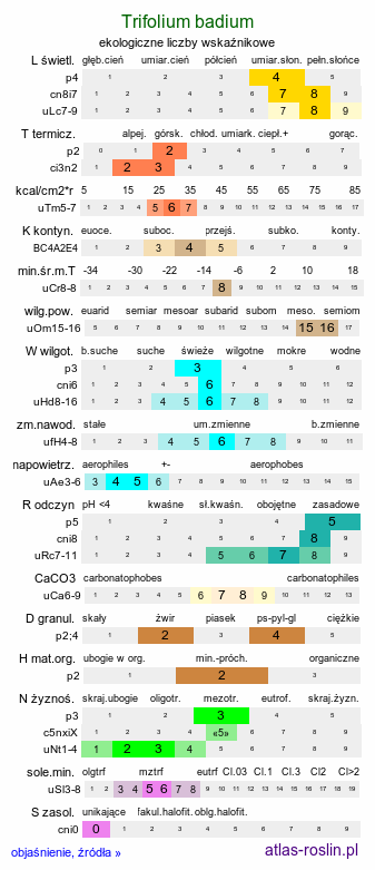 ekologiczne liczby wskaźnikowe Trifolium badium (koniczyna brunatna)