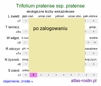 ekologiczne liczby wskaźnikowe Trifolium pratense ssp. pratense (koniczyna łąkowa typowa)