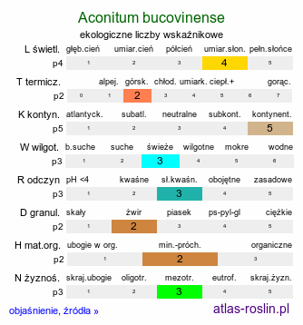 ekologiczne liczby wskaźnikowe Aconitum bucovinense (tojad bukowiński)