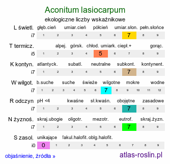 ekologiczne liczby wskaźnikowe Aconitum lasiocarpum (tojad wschodniokarpacki)