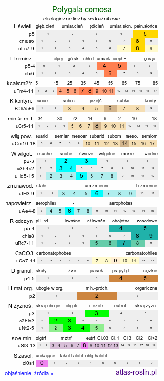 ekologiczne liczby wskaźnikowe Polygala comosa (krzyżownica czubata)