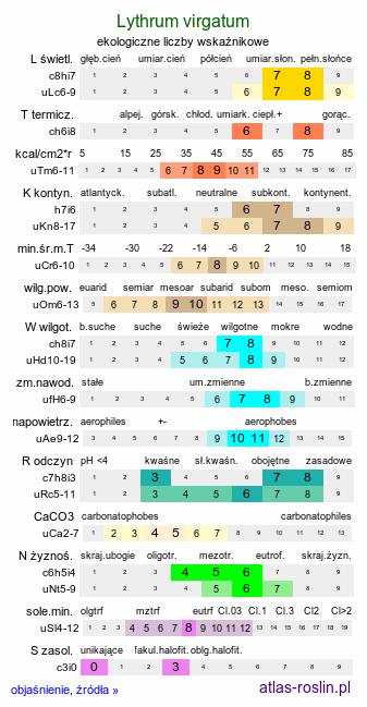 ekologiczne liczby wskaźnikowe Lythrum virgatum (krwawnica rózgowata)