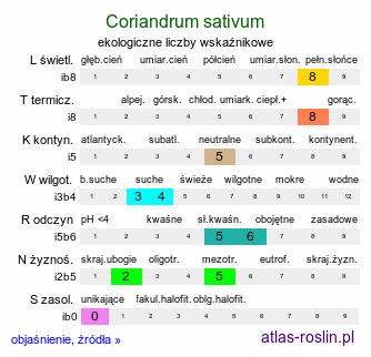 ekologiczne liczby wskaźnikowe Coriandrum sativum (kolendra siewna)