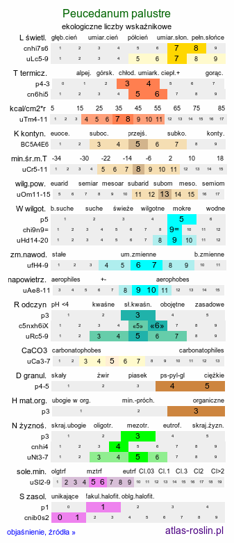 ekologiczne liczby wskaźnikowe Peucedanum palustre (gorysz błotny)