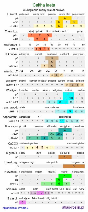 ekologiczne liczby wskaźnikowe Caltha laeta (knieć górska)