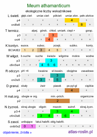 ekologiczne liczby wskaźnikowe Meum athamanticum (wszewłoga górska)