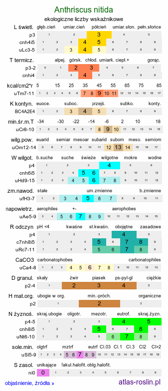ekologiczne liczby wskaźnikowe Anthriscus nitida (trybula lśniąca)