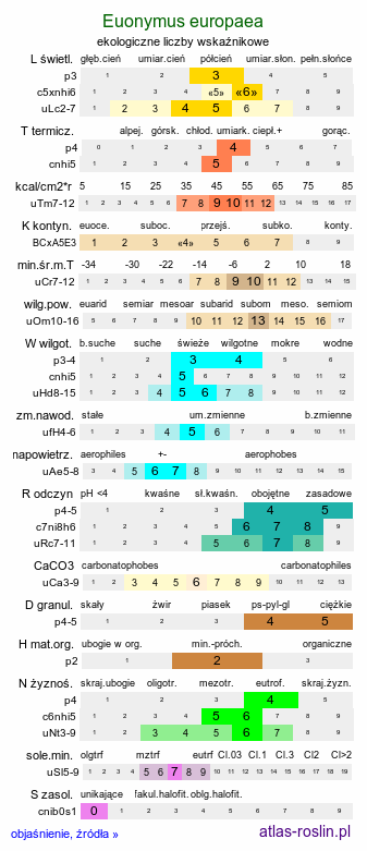 ekologiczne liczby wskaźnikowe Euonymus europaea (trzmielina zwyczajna)